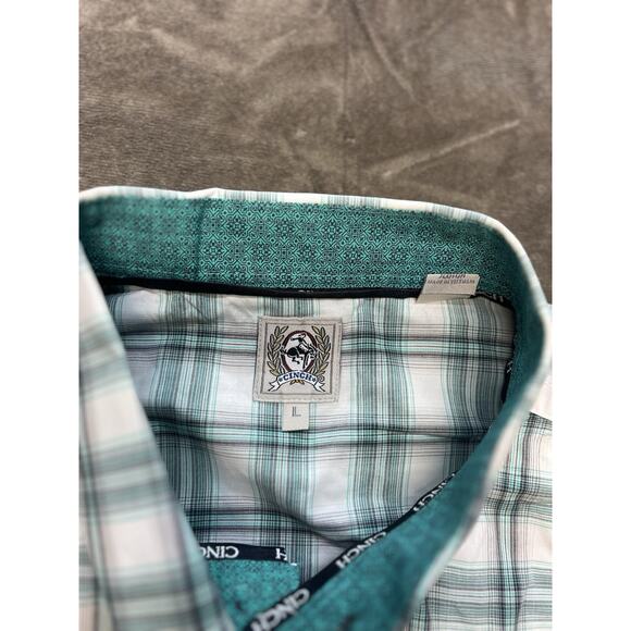 Cinch Shirt Mens Large Teal Green Plaid Flip Cuff Button Down Cowboy Rodeo - Picture 4 of 5